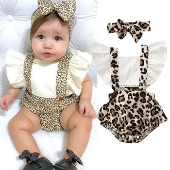 2Pcs Bebê Recém-nascido Menina Leopard Impresso Romper Voar Manga sem costas Lace-up Macacão Cabeça de Roupas, Roupas de Bebê Menina Macaquinho