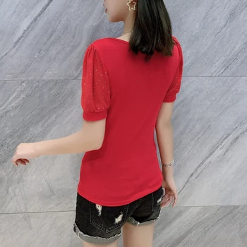 O verão coreano Roupas T-shirt da Moda Diamantes Amor das Mulheres de Algodão Tops Ropa Mulher Sexy Patchwork Assentamento Camisa Tees Novo T07301