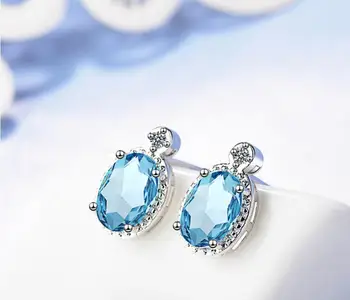Prata 925 Esterlina de Cristal Azul Oval Brincos Para Mulheres Jóia do Partido Pendientes Mujer Moda eh1015