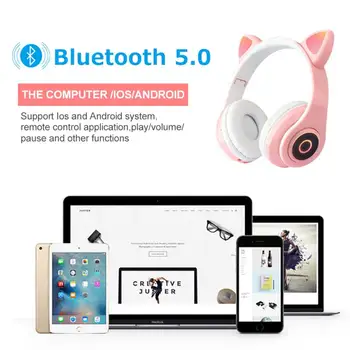Bonito Fones de ouvido Bluetooth Luzes Coloridas Meninas Gato de Música sem Fio, Fones de ouvido Fones de ouvido Com Microfone Para Xiaomi Huawei Presentes Crianças