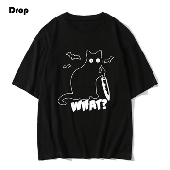 Droped Ombro algodão streetwear engraçado que gato camiseta casual solta engraçado gato unisex t-shirt camiseta gato homens t shirts