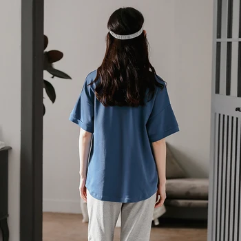 BZEL Sólido Algodão Pijama Conjunto O-Pescoço Azul de Manga Curta Cinza Calças compridas Simples Solto em Casa Roupas Para Mulheres Plus Size Nighty M-XXL