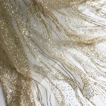 Champanhe Ouro Prata Bronzeamento Net Fios Listras Onda de Renda, 140 CM de Largura DIY Costurar vestidos de Casamento Vestido Acessórios Cortina