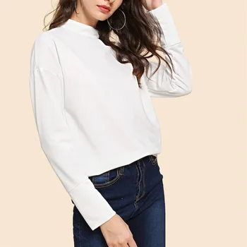 Primavera Mulheres Magro T-shirt Branca de Manga Longa, Sólida T-shirt Cruz de Gola alta Moda Crop Top, T-Shirt Mulher Nova