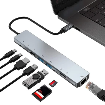 Notebook Smartphone Expansão Conversor de 8 em 1 USB C Hub HDMI RJ45 USB 3.0 PD Carga Rápida Adaptador de Dock para Computador
