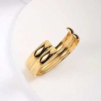 Dupla curva em camadas de ouro larga de punho aberto pulseira para mulheres de aço inoxidável de espessura hipérbole minimalista da moda