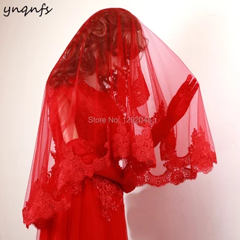 YNQNFS V17 Imagens Reais de 1,2 m de comprimento, Borda do Laço Vermelho Véu de Noiva de Véu de Noiva Voile de Mariee Velo Gaiola 2019