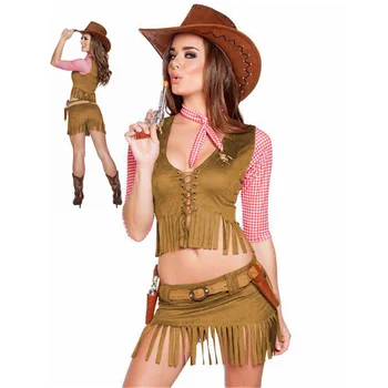 Sexy Cowgirl Traje De Festa De Halloween Traje De Cowboy Para Mulheres Adultas, Cowgirl Cosplay Ocidental, Vestido De Terno Top + Saia + Chapéu + Correia