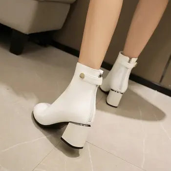 2020 inverno primavera senhora botas branco marrom PU tornozelo botas chunky salto alto boa qualidade do dedo do pé redondo mulheres de luxo martin botas