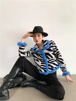 Mulheres jaqueta outwear Branca padrão zebra de pelúcia curto Nova Lapela de Manga Longa de Ajuste Solto Jaqueta de Moda da Maré Outono inverno A016-Um