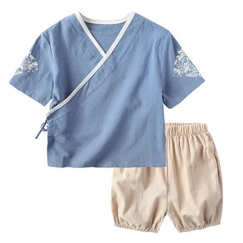 Crianças Hanfu conjuntos de vestuário menino de verão de 2018 novo Tang terno de bebê em estilo Chinês de algodão de impressão correia tops + shorts conjunto de roupa de