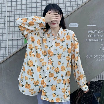 Mulheres Camisas de Pintura Design Solta Vintage Feminina de Impressão Retro Estilo coreano Tops Harajuku Vire para baixo de Gola de Lazer Streetwear