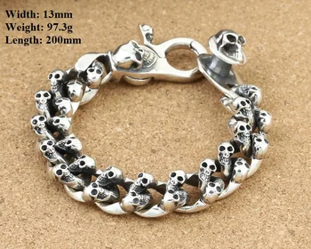 Feito à mão Tailandês 925 Siilver Crânio Bracelete Chain de 230mm Prata Homem Pulseira de Presente da Jóia a Jóia do Crânio