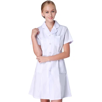 As Mulheres Brancas Vestido De Enfermeira De Uniforme De Trabalho De Uniformes Profissionais De Saúde Vestido De Poliéster De Algodão De Cor Sólida Longo Esfoliação Vestidos