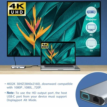 10 em 1 USB C Hub Multiports Adaptador de Estação de Ancoragem, HDMI, VGA, Ethernet RJ45 LAN Ajuste para o Windows 10/8/7/Vista/XP/Mac OS X 10.6
