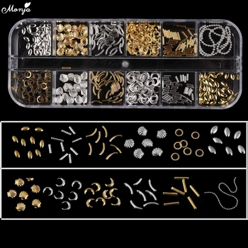 Monja 12 Grade de Ouro Prata Misto de Estilos de Unhas de Arte, Estrelas, Coração Geométrica de um floco de Rebite de Metal Pregos 3D DIY Charme da Decoração Acessórios