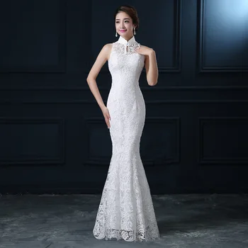 Qipao Laço Branco Cheongsam Moderno Chinês Tradicional Vestido de Casamento de Mulheres Orientais Colares muito Sensual Qi Pao noite vestido de sereia