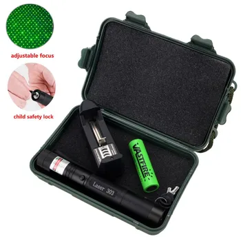 532 nm Verde Caça Visão Laser Lasers Ponteiro Poderoso dispositivo de Foco Ajustável de Lazer com laser 303+Carregador+18650 Bateria+Caixa