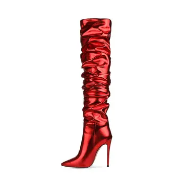 Nova Chegada Das Mulheres Sobre O Joelho Botas Outono Inverno Quente Salto Alto Sapatos De Mulher Dedo Apontado Elegante Zíper Botas Tamanho 34-46