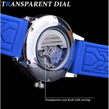 Forsining Moda Branco Azul Relógio De Pulso Automático Transparente Impermeável Homens Relógio Mecânico Banda De Silicone Casual Esporte Relógio