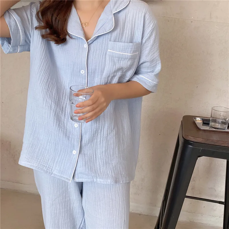 Primavera de Algodão, crepe mulheres dormir de pijama conjunto de senhoras de manga curta PJ conjuntos de pijamas casual sólido pijamas coreano casa ternos L087