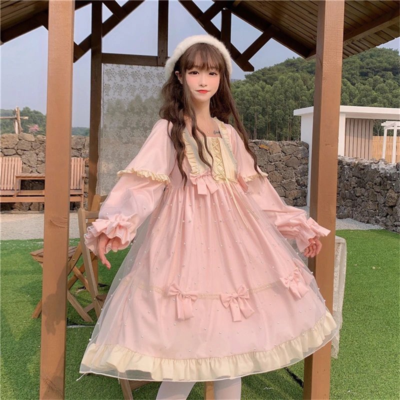 Primavera Lolita Doce Cor-De-Rosa Vestido De Mulher Outono Japonês Kawaii Plissado De Malha Vestido De Festa De Menina Adolescente De Manga Longa Princesa Tule Vestidos De