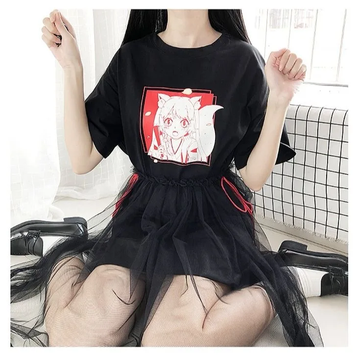 Lolita terno de Verão, outono de roupas femininas Anime kawaii manga Curta Gaze Mulheres, Meninas T-shirt harajuku Japonês Top Preto de saia